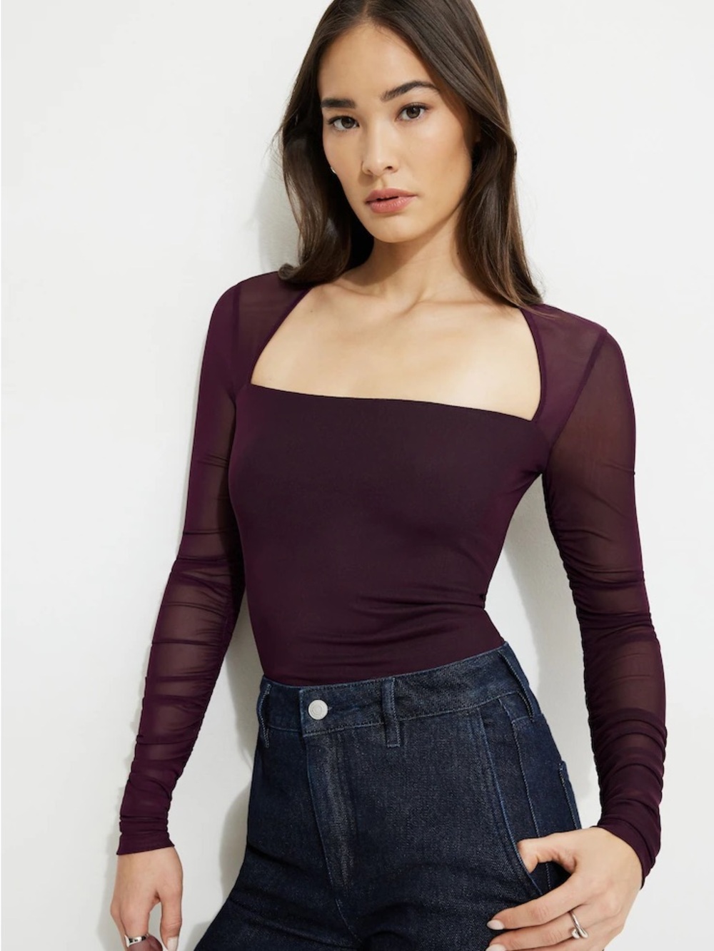 🟢3/$25 Dynamite Shirred Long Sleeve Bolero Top Mesh Sheer Large Black Cherry